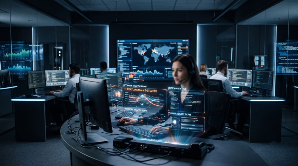 AI-powered cybersecurity operations center monitoring real-time cyber threats